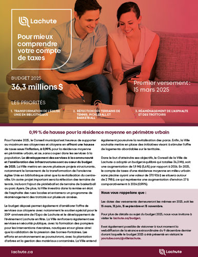 Consultez notre feuillet, simple et concis, conçu tout spécialement pour vous aider à comprendre la taxation et connaître les projets prévus dans votre ville cette année.