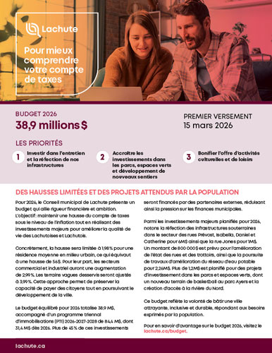 Consultez notre feuillet, simple et concis, conçu tout spécialement pour vous aider à comprendre la taxation et connaître les projets prévus dans votre ville cette année.